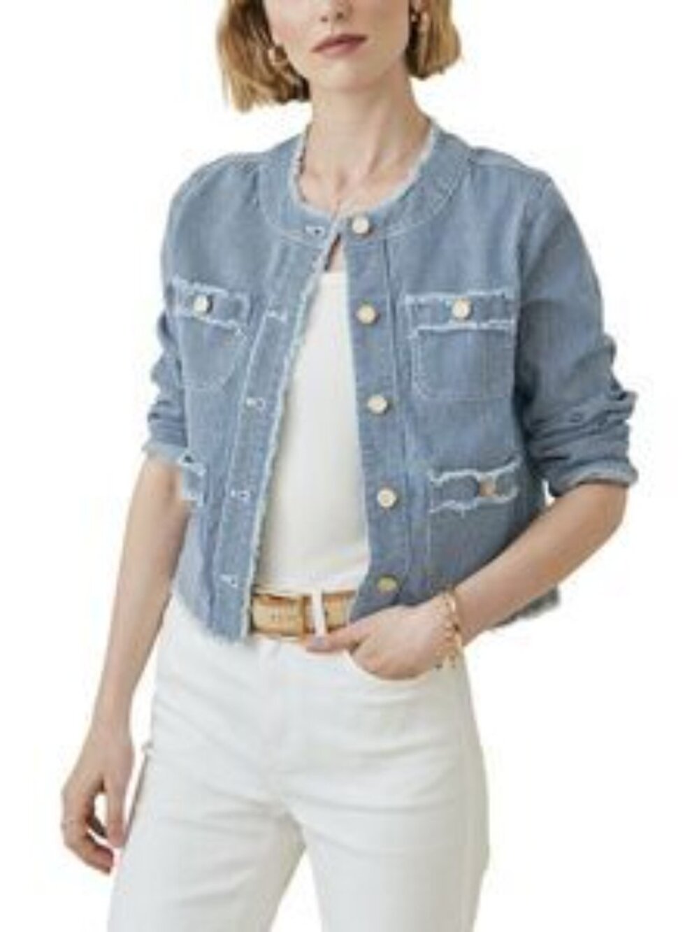 J. McLaughlin Blue & White Pinstripe Girls' Jacket with Fringe Trim